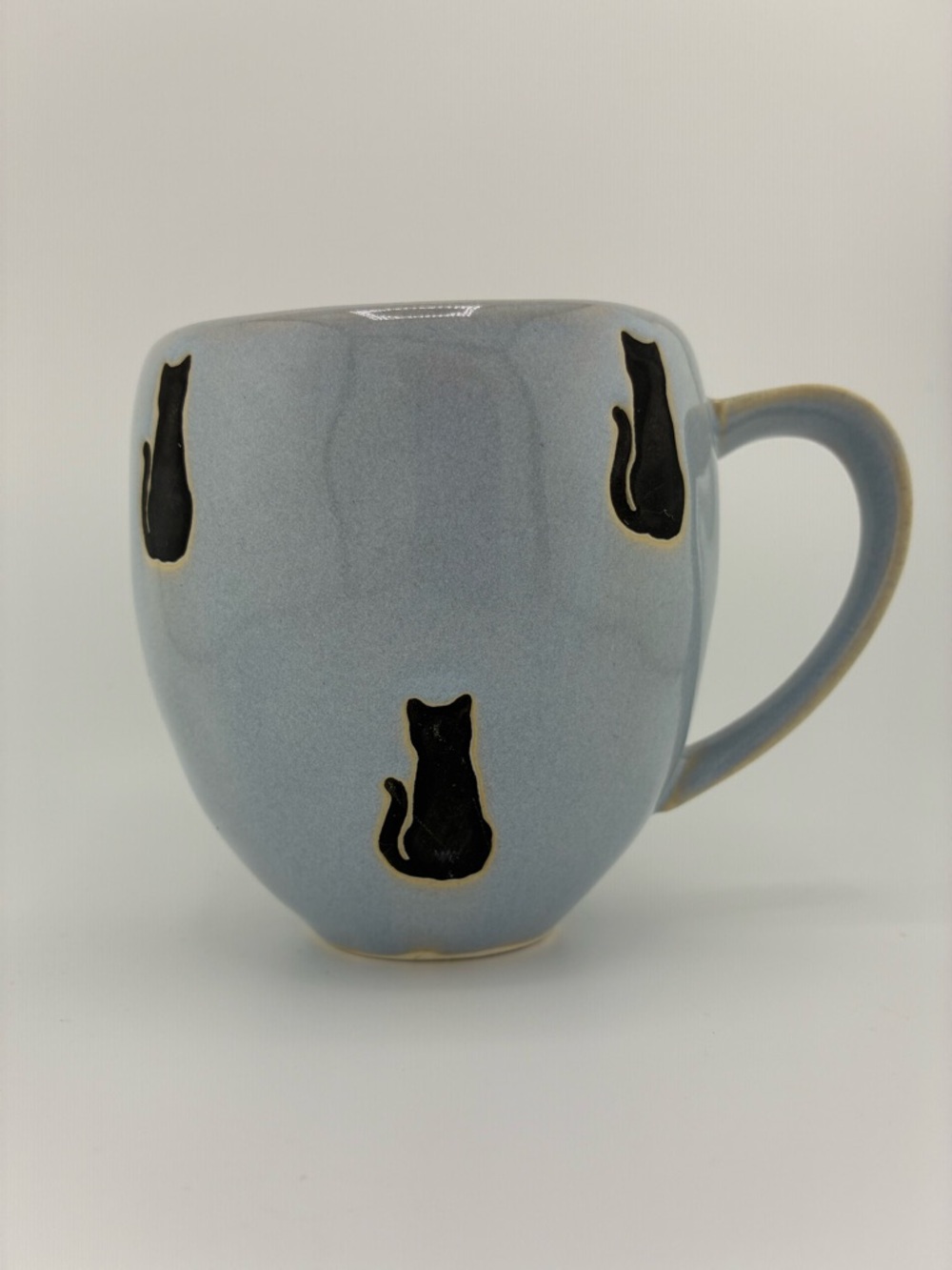 Anthropologie Light Blue Ceramic Mug with Black Cat Motifs